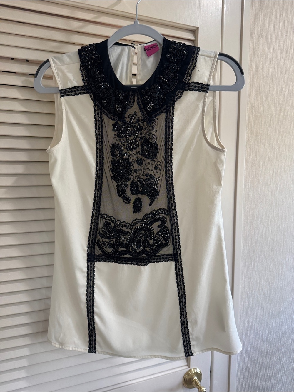 Save The Queen Ivory Sleeveless Blouse with Black Beaded Lace Panel